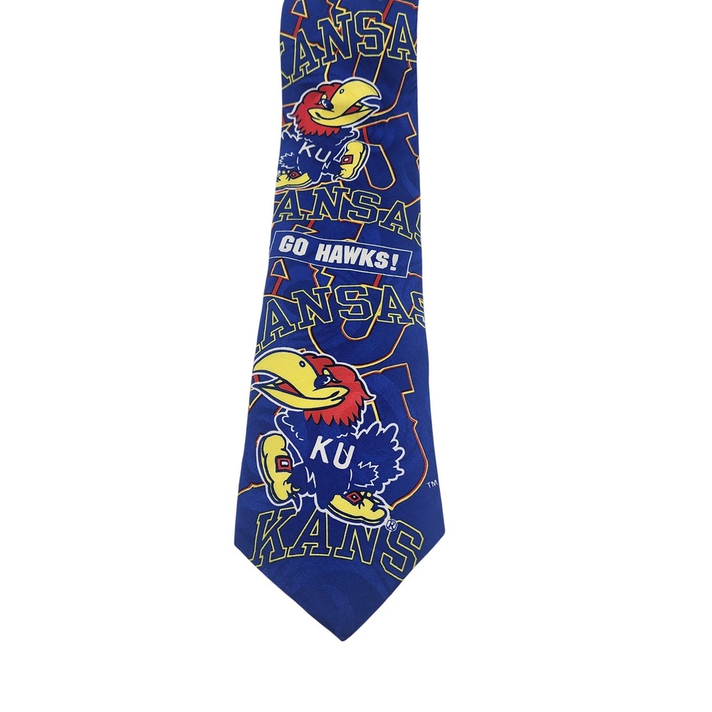 Vtg RM Sport Kansas Jayhawks KU NCAA Silk Necktie Blue Go Hawks Mascot Print